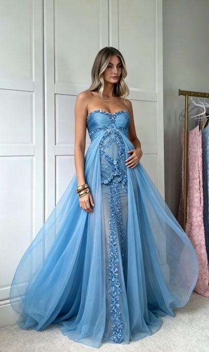 Pretty Sheath Tulle Long Evening Dress Blue Prom Dress ED10870