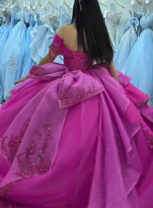 Wunderschönes Ballkleid Quinceanera Kleid Tüll Fuchsia Sweet 16 Kleid ED10896