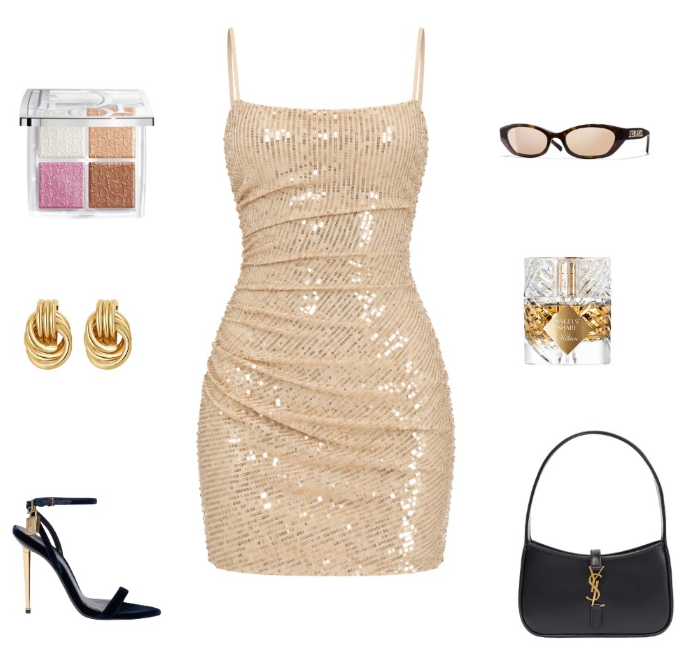 Robe de cocktail courte chic dorée à sequins, coupe fourreau pour anniversaire ED10913