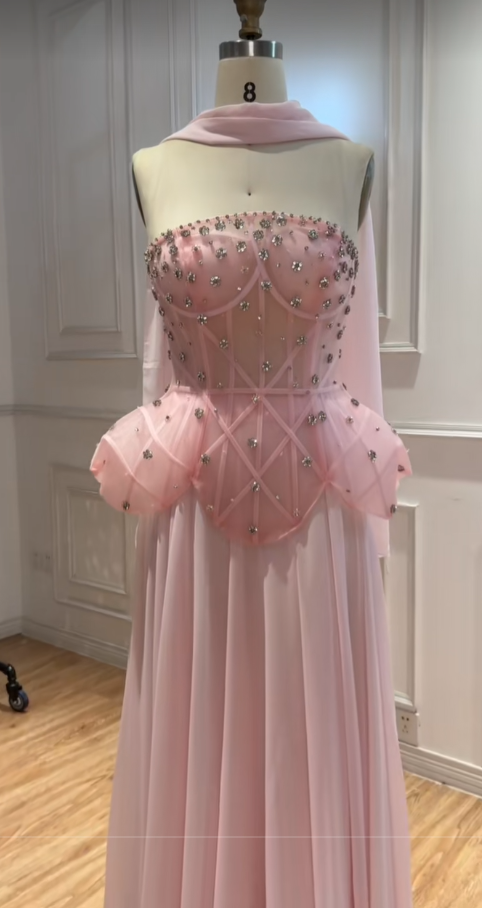 Pink Rhinstones Prom Dress Sheath Long Chiffon Evening Dress ED10948