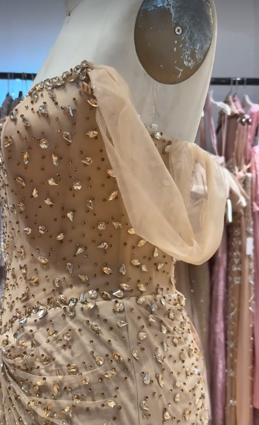 Gold Prom Dress Sheath Long Tulle Evening Dress ED10963