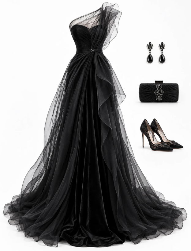 Robe de bal noire fourreau longue en tulle pour soirée ED10966