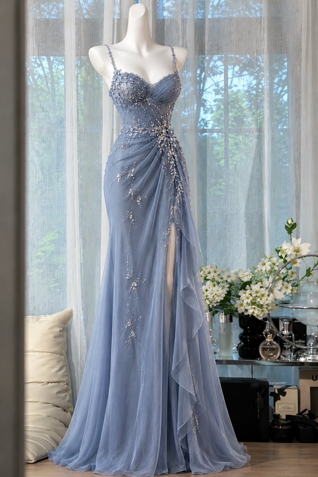 Straps Blue Prom Dresses Sheath Long Tulle Evening Gowns ED10982