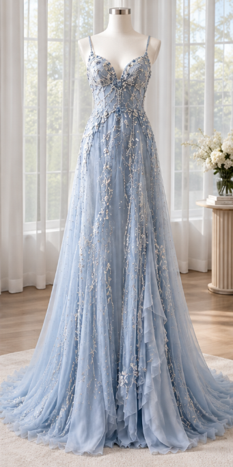 Blue Beaded Prom Dresses A-Line Long Chiffon Evening Gowns ED10993