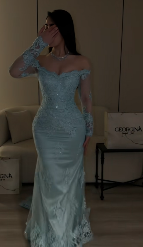 Blue Prom Dresses Sheath Long Lace Evening Gowns ED10999