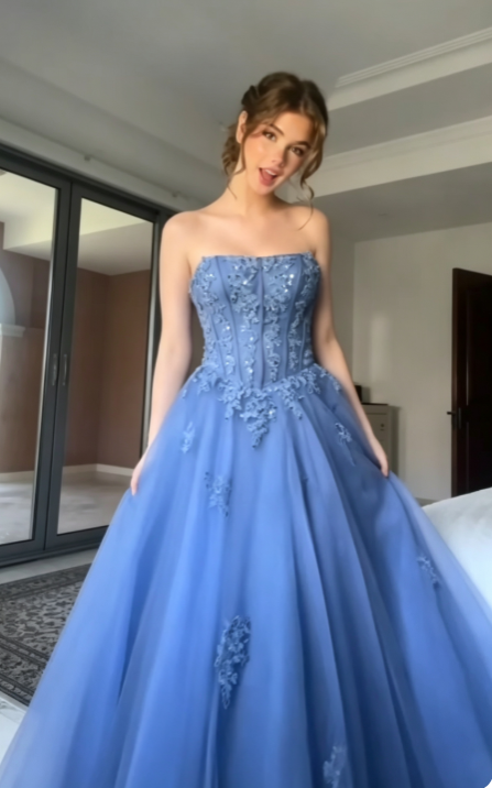 Strapless Blue Prom Dress A-Line Long Tulle Evening Dress ED11033