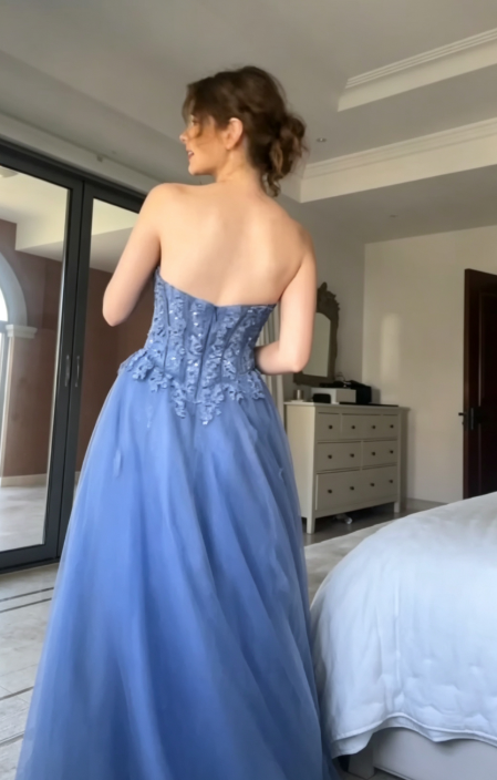 Strapless Blue Prom Dress A-Line Long Tulle Evening Dress ED11033