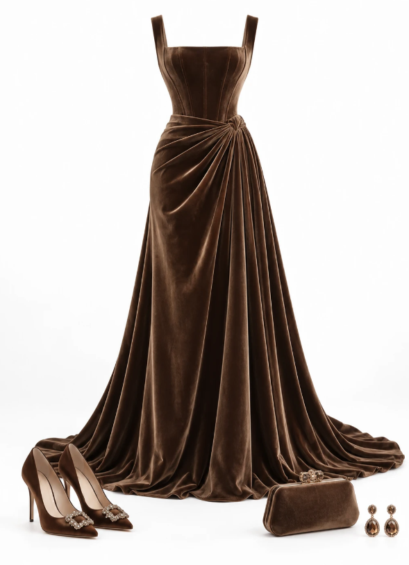 Brown Prom Dress A-Line Velvet Long Evening Dress ED11038