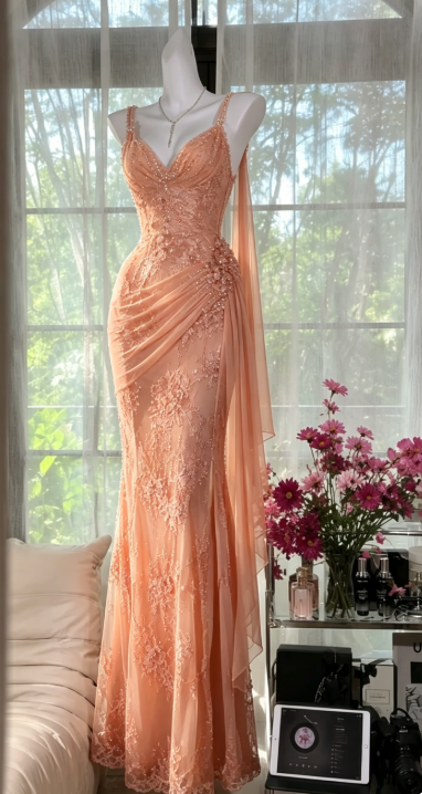 Oranges Etuikleid aus Chiffon, langes Abendkleid ED11044