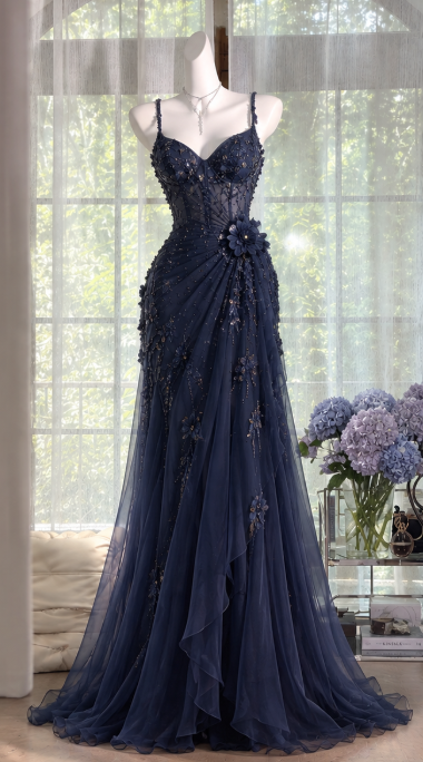 Navy Blue Beaded Prom Dress Sheath Chiffon Long Evening Dress ED11096