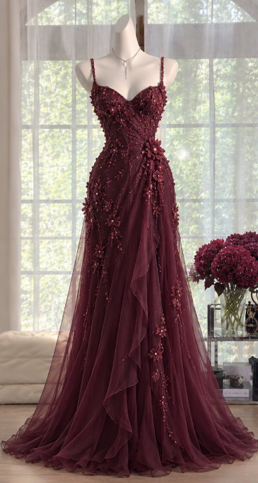 Burgundy Beaded Prom Dress Sheath Chiffon Long Evening Dress ED11097