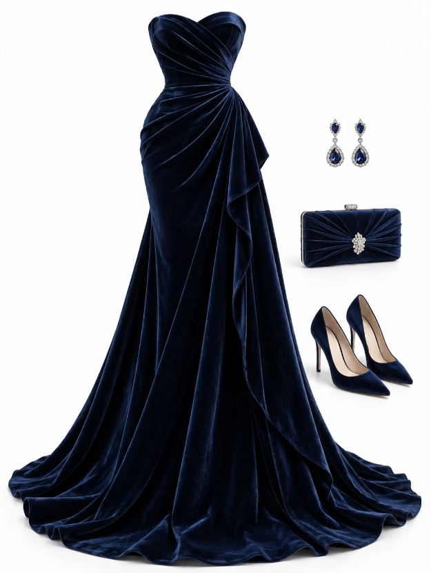 Pretty Navy Blue Prom Dress Sheath Velvet Long Evening Dress ED11160