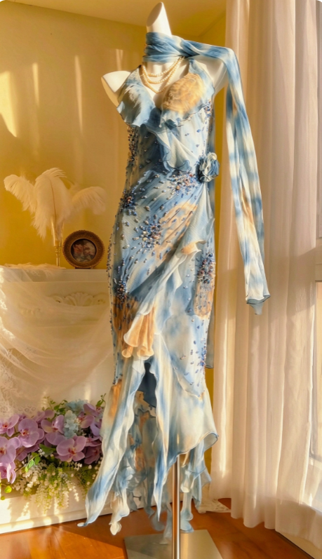 Vintage Blue Prom Dress Sheath Chiffon Floral Long Evening Dress ED11179