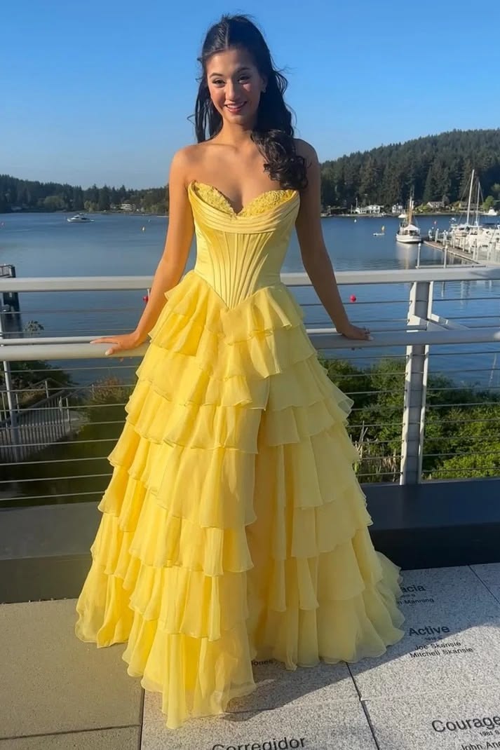 Pretty Yellow Prom Dress A-Line Chiffon Long Evening Dress ED11183