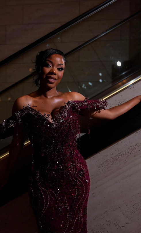 Robe de bal chic bordeaux fourreau en tulle perlée robe de soirée longue ED11195