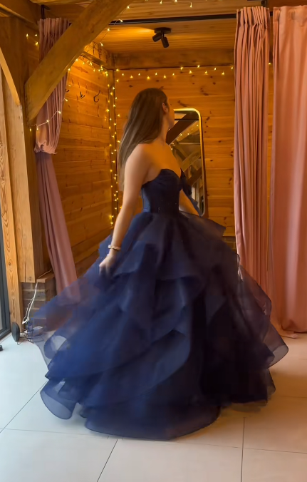 Chic Navy Blue Prom Dress A-Line Tulle Long Evening Dress ED11200
