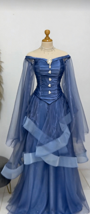 Chic Navy Blue Prom Dress Sheath Tulle Long Evening Dress ED11206