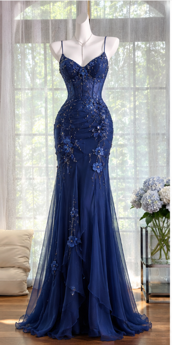 Chic Navy Blue Prom Dress Sheath Chiffon Beaded Long Evening Dress ED11215