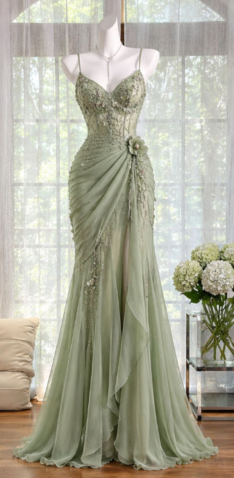 Chic Green Beaded Prom Dress Sheath Chiffon Long Evening Dress ED11232