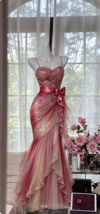 Glam Pink Beaded Prom Dress Mermaid Tulle Long Evening Dress ED11242