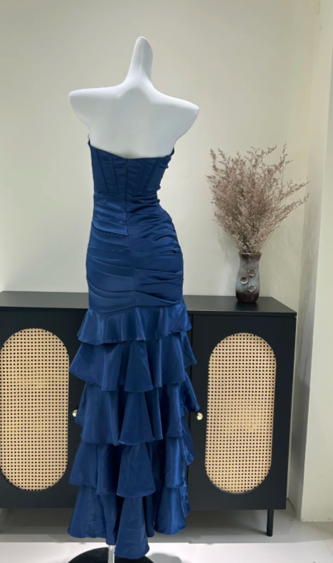 Glam Navy Blue Prom Dress Sheath Satin Long Evening Dress ED11247