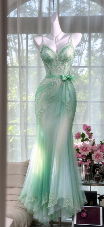 Glam Green Beaded Prom Dress Sheath Tulle Long Evening Dress ED11263