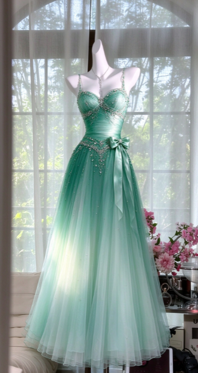 Glam Green Beaded Prom Dress A-Line Tulle Long Evening Dress ED11264