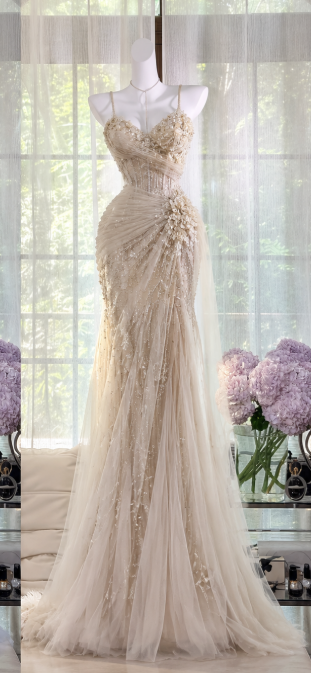 Glam Champagne Beige Beaded Prom Dress Sheath Tulle Long Evening Dress ED11281