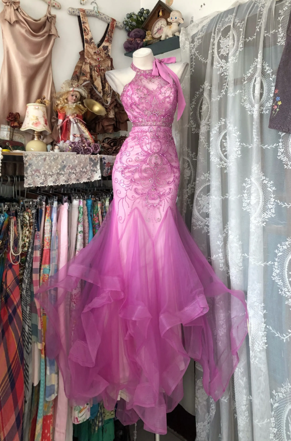 Vintage Tulle Prom Dress Sheath Pink Long Evening Dress ED11289
