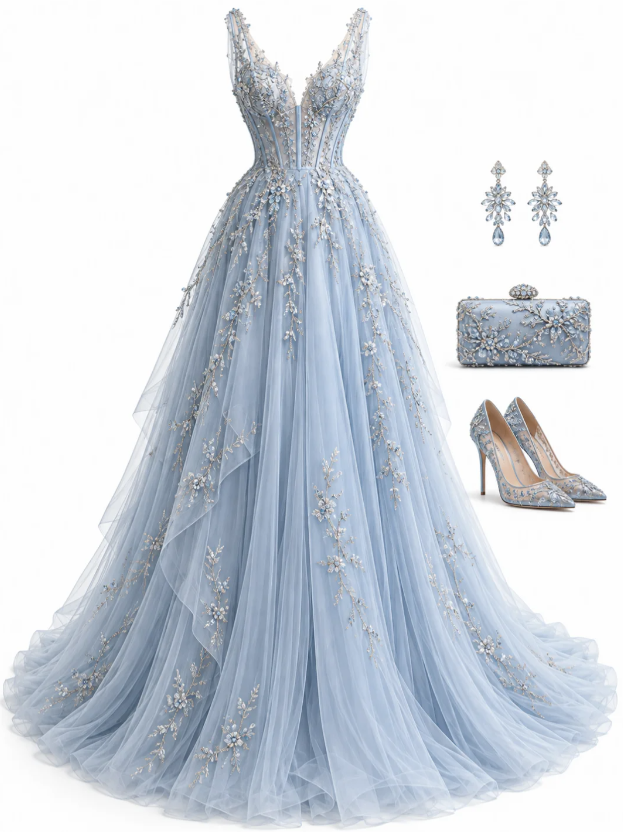 Chic Pale Blue Prom Dress A-Line Tulle Long Evening Dress ED11292