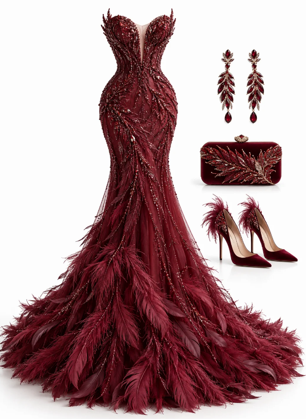 Chic Burgundy Prom Dress Mermaid Tulle Long Evening Dress ED11298