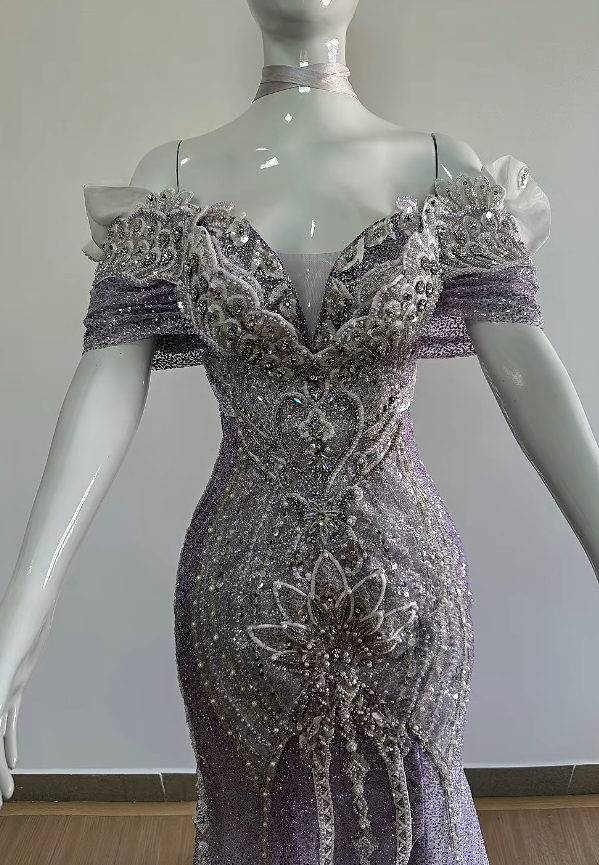 Chic Purple Prom Dress Mermaid Tulle Beaded Long Evening Dress ED11304