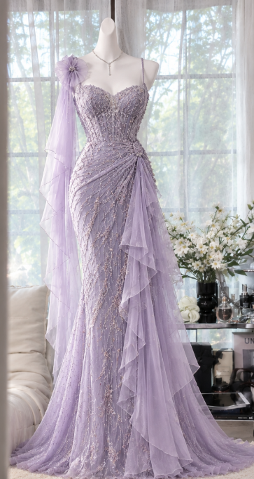 Vintage Light Purple Beaded Prom Dress Sheath Chiffon Long Evening Dress ED11311