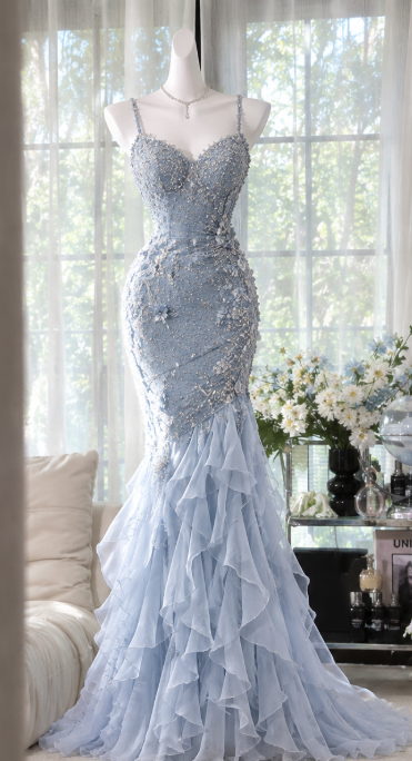 Robe de bal fourreau vintage en mousseline bleu pâle, robe de soirée longue ED11314