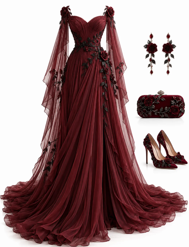 Robe de bal chic bordeaux longue trapèze en tulle robe de soirée ED11328