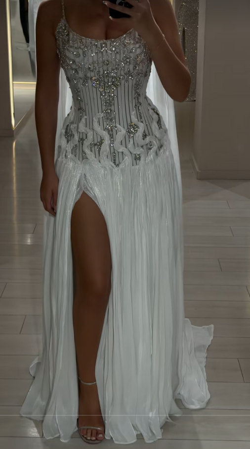 Chic White Prom Dress Long Sheath Chiffon Beaded Evening Dress ED11336