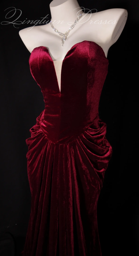Chic Burgundy Prom Dress Long Sheath Velvet Evening Dress ED11350