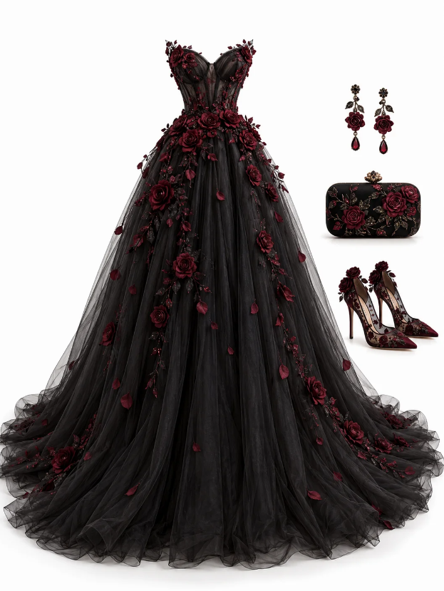 Chic Black Prom Dress Long A-Line Tulle Evening Dress ED11356