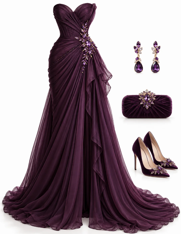 Chic Dark Purple Prom Dress Long Sheath Tulle Evening Dress ED11357