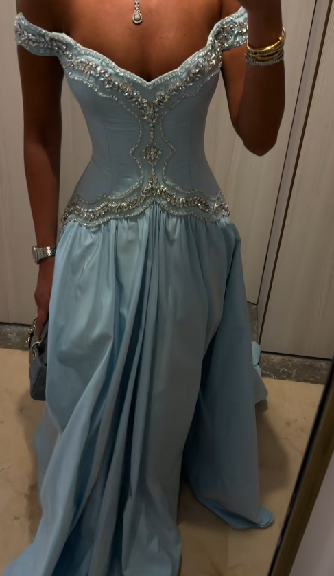Gorgeous Blue Prom Dress A-Line Satin Beaded Long Evening Dress ED11367