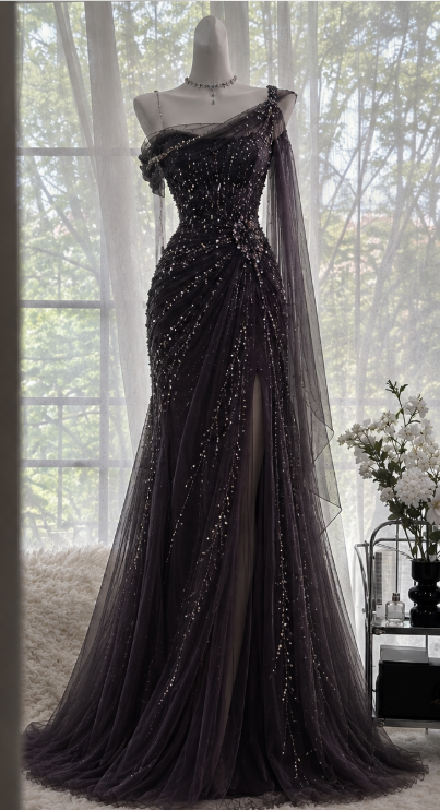 Pretty Dark Brown Prom Dress Sheath Chiffon Beaded Long Evenig Dress ED11409