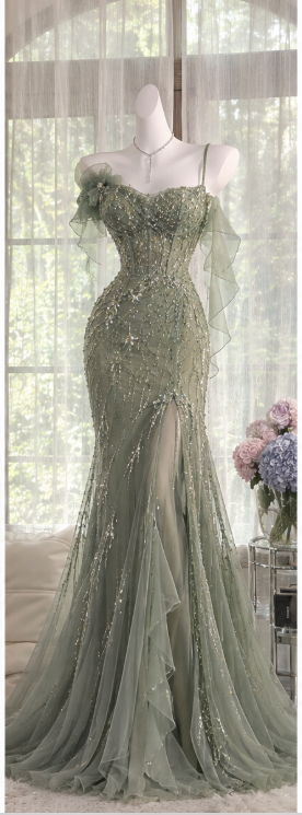 Pretty Green Prom Dress Sheath Chiffon Beaded Long Evenig Dress ED11411