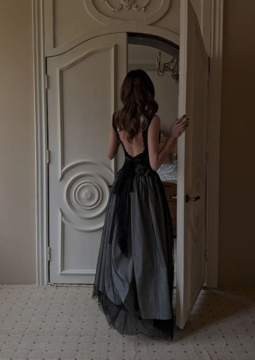 Chic Black Prom Dress Sheath Tulle Long Evening Dress ED11437