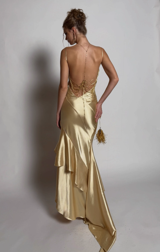 Chic Backless Gold Prom Dress Sheath Satin Long Evening Dress ED11442