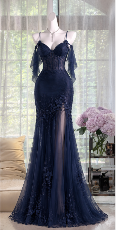 Chic Navy Blue Prom Dress Sheath Satin Long Evening Dress ED11445