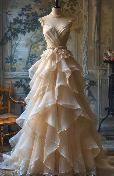 Robe de mariée chic, légère, couleur champagne, coupe trapèze en mousseline, modèle ED11448