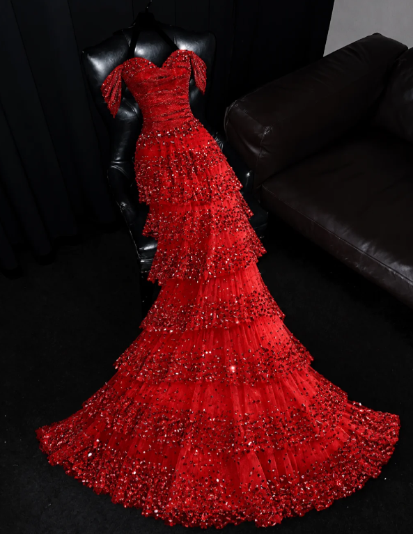 Vintage Burgundy Prom Dress A-Line Tulle Sequins Long Evening Dress ED11460