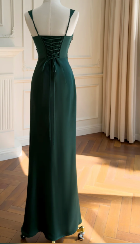 Chic Dark Green Prom Dress Sheath Satin Long Evening Dress ED11472