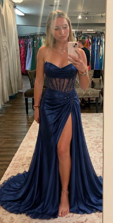 Chic Navy Blue Prom Dress Sheath Chiffon Long Evening Dress ED11482