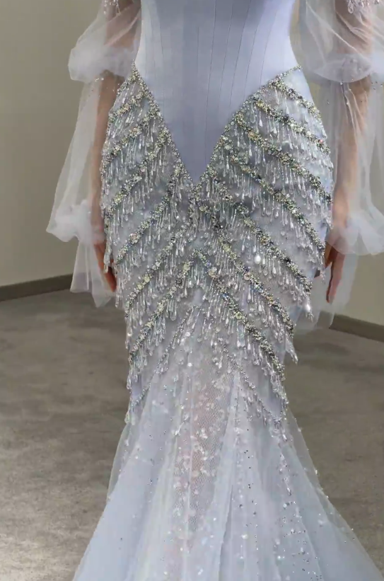 Fashion Pale Blue Beaded Prom Dress Mermaid Tulle Long Evening Dress ED11525